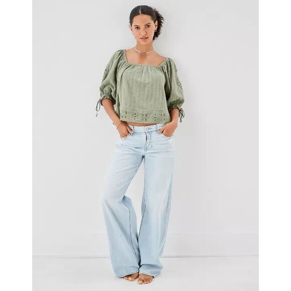 American Eagle Wide Neck Puff-Sleeve Olive Green Eyelet Puff-Sleeve Blouse Large - Picture 5 of 9